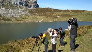 familia viendo aves en lago Ercina